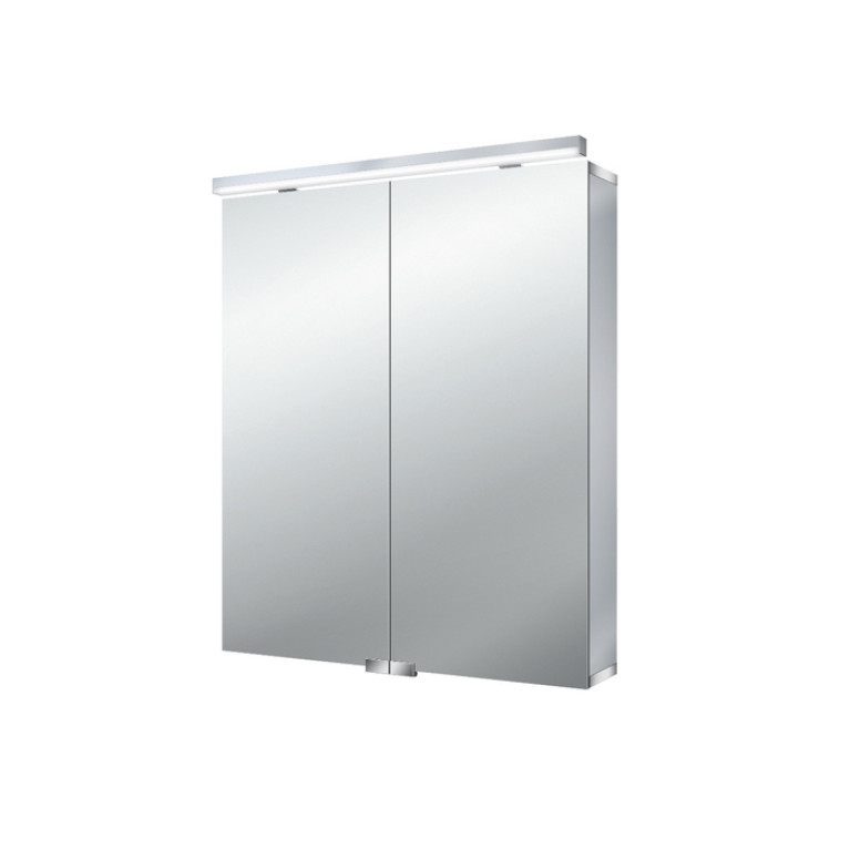 EMCO Flat Зеркальный шкаф алюминиевый 600 мм., LED-подсветка, 2 двери, 2 полки, розетка, без нижней подсветки