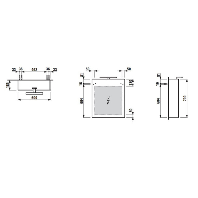 Laufen BASE шкаф зеркал 600x185x700 мм, 1 дверца, петли справа, с гориз.элемент LED-подсв, 2 стекл. полки, 1 розетка, белый глянец