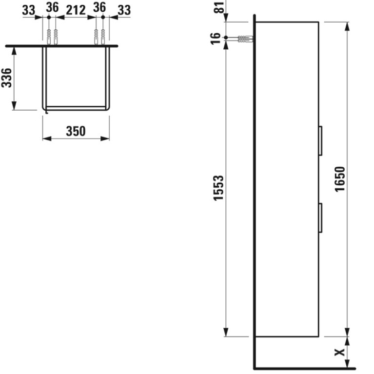 Laufen BASE шкаф высокий 350x335x1650 мм, 2 дверцы, петли справа, 1 ящик, 4 стекл. полки,  белый глянцевый