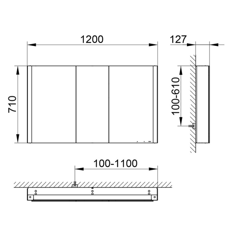 Keuco SOMARIS Зеркальный шкаф 1200x710x128мм 3-дверный-двустор. зеркало, IP&nbsp;44, с обогревом и плавным закр., корпус: алюминий серебристый цвет: